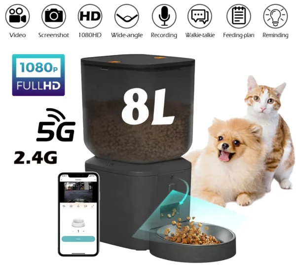 8L Automatic Cat Feeder With 1080p Camera Video 5G WiFi Cat Food Dispenser Pet Smart Voice Recorder Tuya APP Pet Auto Feeder
