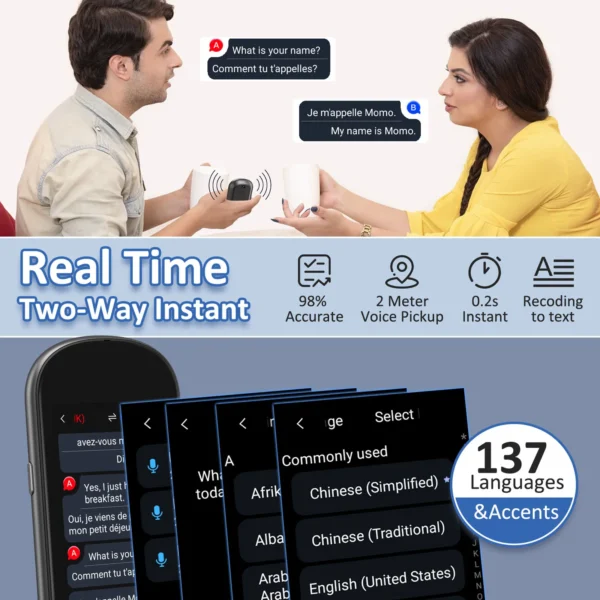 Z2 Instant AI Voice Translator Portable 3.1 inch Touch Screen Real Time Translator with Recording Photo for Travel Learn Meeting