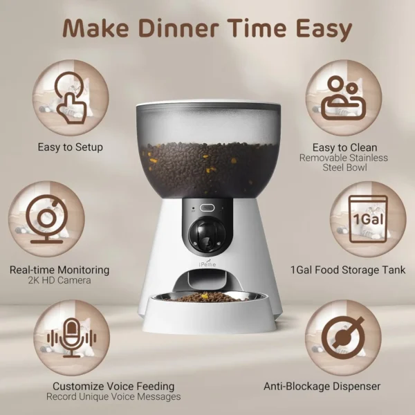 Smart Automatic Pet Feeder with 160° Camera, 5G WiFi, 2K HD, Motion Detection, Voice Interaction & Night Vision