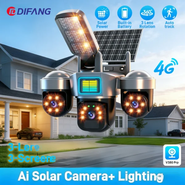 4G Sim Card Solar CCTV PTZ  Outdoor Wireless Human Detection PIR WiFi IP Camera with Siren Solar Powered CCTV Solar Light