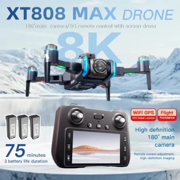 XT808 GPS Drone Professional 8K HD Dual Camera  Brushless Motor 5G WIFI FPV Foldable Screen Display RC Quadcopter toy