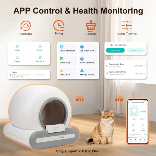 65L Self-Cleaning Cat Litter Box App Control, ONLY Supports 2.4G WiFi w/Litter Mat&Trash Bags, Fit for Tofu & Mixed Litter
