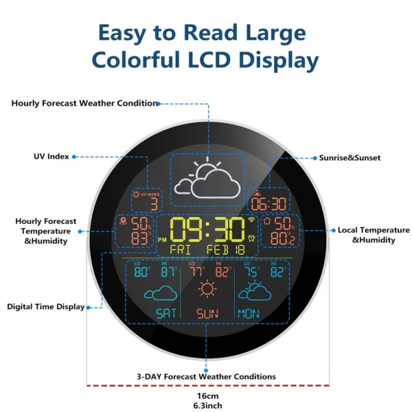 WiFi Weather Clock 3-Day Weather Forecast Weather Station Wireless Smart Thermometer Hygrometer Remote Gauge Alarm Clock
