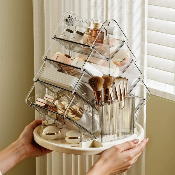 1PC 360° Rotating Clear Makeup Organizer, Multi-Tier Cosmetic Storage Box，Acrylic Transparent Beauty Organizer with Brush Holder