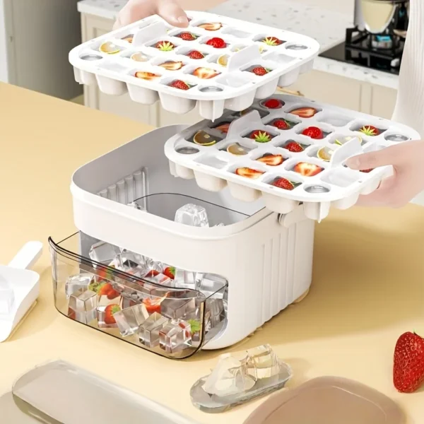 Compact Double Layer Ice Cube Tray with Lid and Bin, Pull-Out Ice Drawer with Portable Handle, Kitchen Accessories, Gadgets