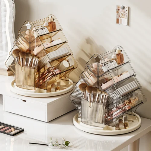 1PC 360° Rotating Clear Makeup Organizer, Multi-Tier Cosmetic Storage Box，Acrylic Transparent Beauty Organizer with Brush Holder