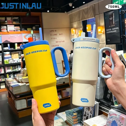 JUSTINLAU 1 Piece Stainless Steel Insulated Cup Car  Insulated Straw Cup 750ml with Handle  Stylish Outdoor Insulated Coffee Cup