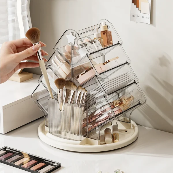 1PC 360° Rotating Clear Makeup Organizer, Multi-Tier Cosmetic Storage Box，Acrylic Transparent Beauty Organizer with Brush Holder